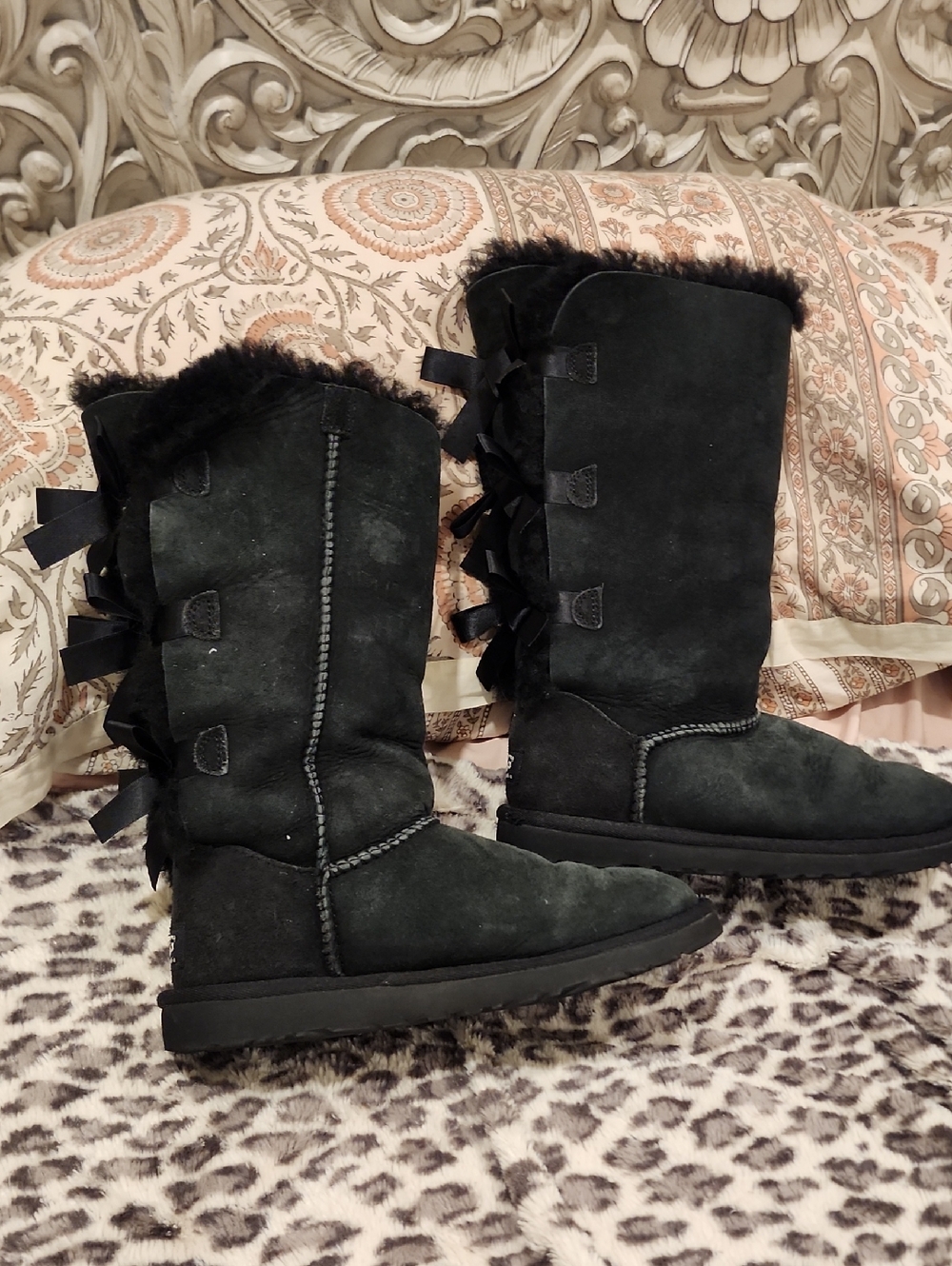 UGG Black Suede Lace-Up Mid-Calf Boots with Back Ribbon Detail
